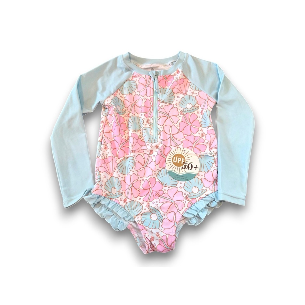 NWT Caden Lane Long Sleeve One Piece Swimsuit Rash Guard Blue Pink Girl 7/8